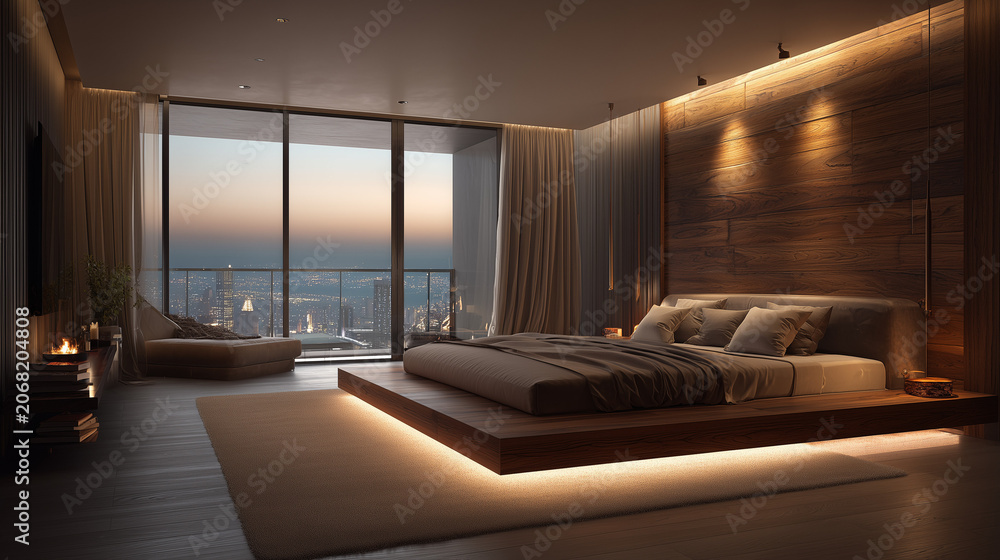 Fototapeta premium Modern Cozy Bedroom Interior with Stylish Bed, Elegant Decor, and Soft Lighting