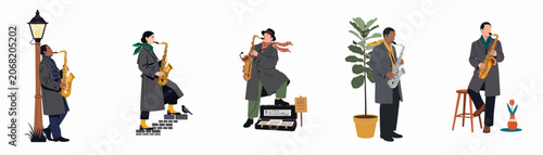 Set of flat vector illustrations featuring diverse men and women playing the saxophone in various urban and indoor environments on a white background.