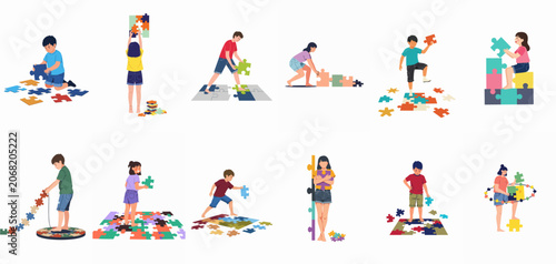 Set of diverse children playing with large colorful jigsaw puzzle pieces, representing learning, creativity, and problem-solving skills in childhood development.