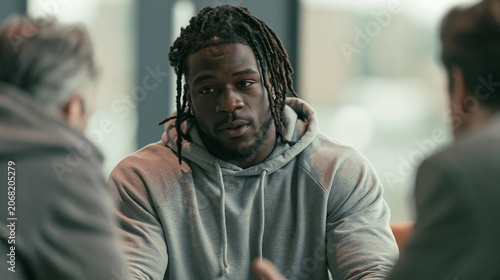 Focused medium shot of a college athlete in a hoodie discussing endorsement clauses with a compliance officer mutedtoned surroundings and diffused daylight highlighting an