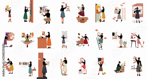 Set of illustrations showing women curating an art gallery, hanging posters, and decorating walls with frames in various interior settings.