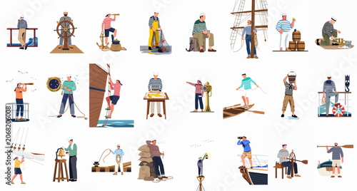 Foto Collection of flat vector illustrations featuring sailors and mariners performing various nautical tasks and maritime activities on ships and at sea