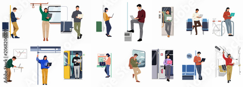 Set of diverse people using laptops while commuting on public transport like trains and subways, showcasing modern remote work and digital nomad lifestyle.