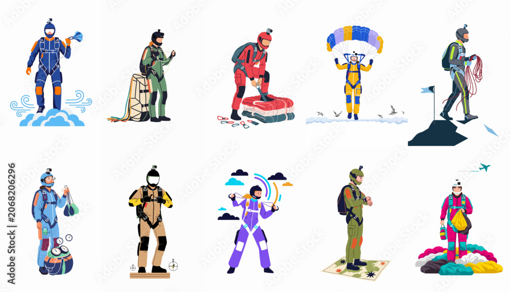 Fototapeta premium Vector collection of diverse skydivers and base jumpers in various stages of extreme sport including preparation, flight, and landing with parachutes.