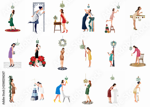 Collection of elegant women in festive cocktail dresses standing under and hanging mistletoe decorations for Christmas holiday celebrations.