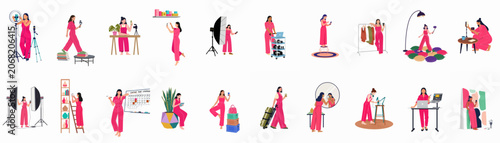 Set of flat illustrations featuring a female content creator in a pink jumpsuit performing various digital media production, photography, and social media tasks.