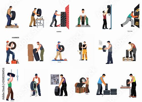 Collection of flat illustrations showing male mechanics handling and repairing car and truck tires in a garage or workshop setting.