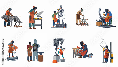 Collection of illustrations showing skilled welders and metal artists creating various sculptures like animals, robots, and abstract pieces in their workshop.