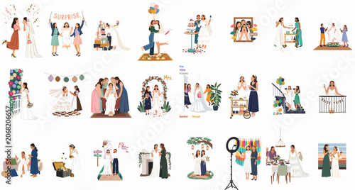 A diverse collection of illustrations showing a bride and her bridesmaids celebrating bridal showers, bachelorette parties, and wedding preparation activities together.