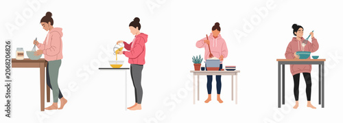 Vector illustration of a woman in a pink hoodie performing various cooking and baking tasks at a kitchen table in four different poses.