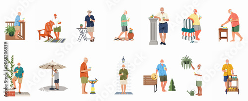 Collection of senior man illustrations enjoying summer leisure activities in a garden, patio, and balcony setting with refreshing drinks.