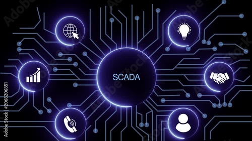Scada concept with circuit lines and digital symbols hovering above a businessman, technology. manufacturing process management all connected in a digital circle like pattern.