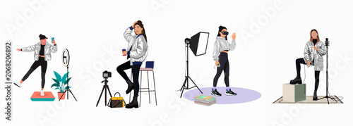 Flat vector illustrations of young women content creators, influencers, and digital artists using modern technology and professional studio equipment for various creative platforms.