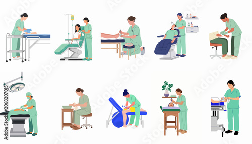 Collection of flat vector illustrations depicting various medical, nursing, and aesthetic procedures performed by female healthcare professionals in green scrubs.