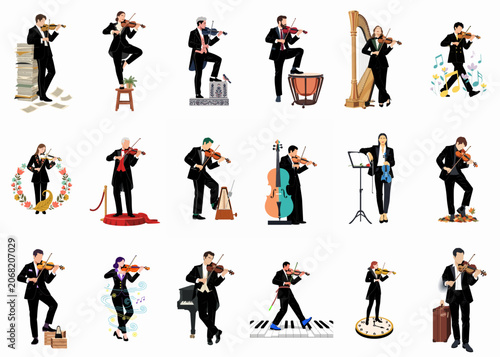 A diverse collection of eighteen stylized illustrations of classical musicians playing violins and other instruments in unique, creative poses and settings.