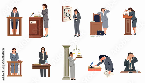 Set of flat vector illustrations depicting a female lawyer in various emotional and professional courtroom situations, showcasing stress and legal work.
