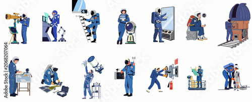 Set of diverse astronauts performing various scientific, maintenance, and exploration tasks in a flat vector style for space-themed projects.