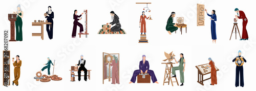 Collection of diverse women engaged in intricate mechanical, scientific, and creative tasks, blending steampunk and modern aesthetics in a minimalist flat style.
