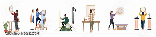 Set of illustrations depicting women hanging and installing various mirrors in their homes, focusing on interior design and home improvement.