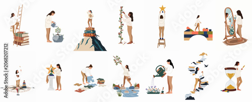 Collection of conceptual illustrations depicting a woman's journey through self-improvement, growth, goal achievement, and personal development in various life scenarios.