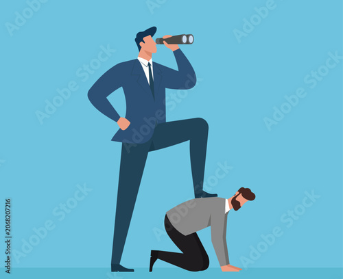 Fotografie Businessman looking through binoculars standing on a coworker's back: Corporate