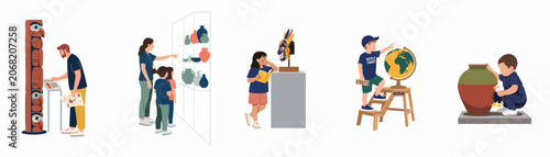 Museum Visitors Illustration: Adults and Children Exploring Diverse Exhibits including Totem Poles, Ancient Pottery, Masks, and a Globe on White Background.