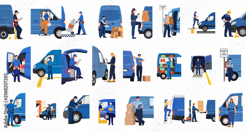 Comprehensive Illustration Set of Delivery Personnel and Vans Performing Logistics, Loading, and Transport Tasks in Various Professional Commercial Scenarios