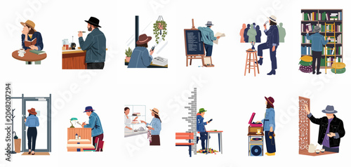 Collection of flat vector illustrations featuring stylish people in denim jackets and hats engaged in diverse lifestyle activities like reading, writing, and socializing.