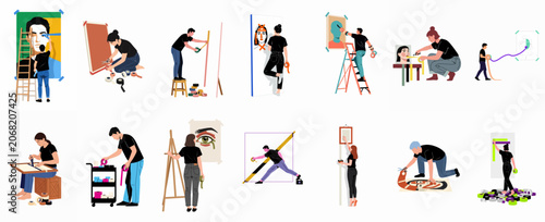 Collection of diverse artists and workers using adhesive tape for art installation, mounting, and creative projects in a studio or gallery setting.