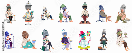 Vector illustration set of diverse women at a hair salon sitting under hooded dryers while reading, using phones, and relaxing.