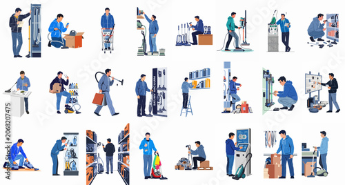 Collection of flat vector illustrations showing men shopping for, testing, repairing, and stocking vacuum cleaners in an appliance store or warehouse environment.