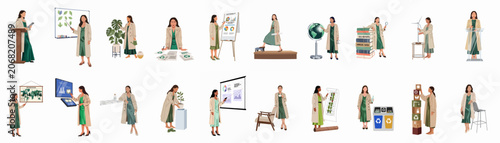 A collection of eighteen flat illustrations showing a professional woman engaged in various sustainability, eco-friendly, and green business activities in an office setting.