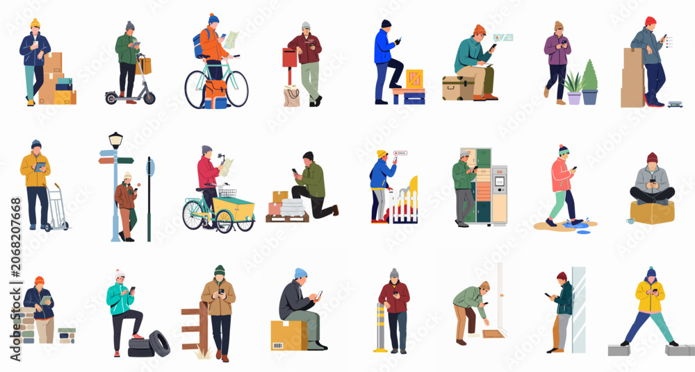 Fototapeta premium Vector illustration collection of male delivery workers and couriers using smartphones to manage packages, transport, and logistics in various outdoor scenes.