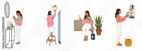 Flat illustration set of a woman changing, comparing, and organizing energy-efficient light bulbs at home to promote sustainability and home maintenance.