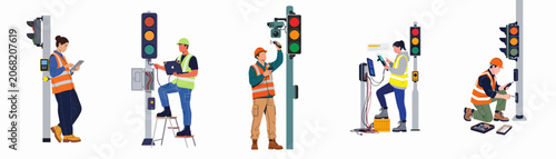 Set of professional technicians in high-visibility vests maintaining and repairing smart traffic lights and urban infrastructure using digital tools and diagnostic equipment.