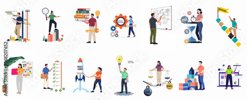 Comprehensive collection of business characters illustrating project management, workflow optimization, strategic planning, teamwork, and successful goal achievement in a modern flat design style.