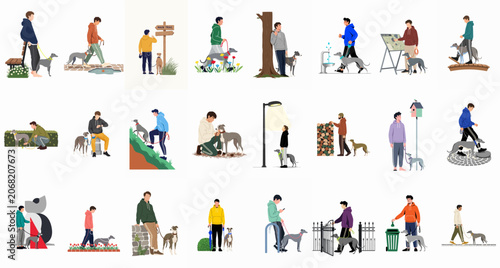 Set of flat vector illustrations showing various scenes of men walking and interacting with their greyhound dogs in outdoor and urban environments.