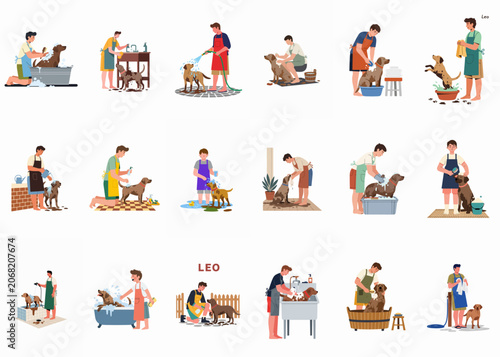 Large set of flat design illustrations showing men washing, bathing, and grooming their pet dogs in various indoor and outdoor situations.