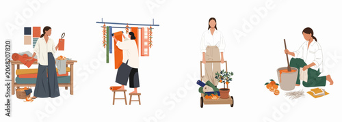 Artistic illustrations showing women engaged in sustainable textile manufacturing and natural dyeing processes using organic orange peels in a craft studio setting.