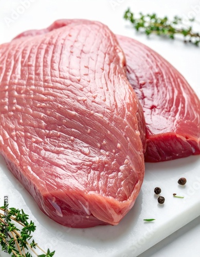 Raw tuna steak fillets with fresh thyme and black pepper on a marble surface, culinary preparation, healthy seafood dining, protein rich ingredients