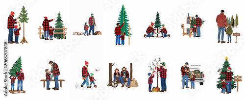 Konstfotografi Collection of illustrations featuring a father and son in matching plaid shirts choosing, cutting, and decorating Christmas trees at a farm