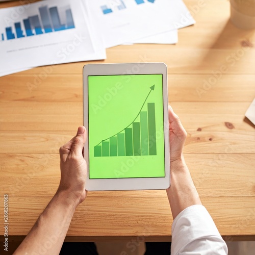 Person holding digital tablet showing green screen with growth chart, financial analysis, investment success, corporate strategy, data reporting, business planning