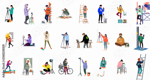 Comprehensive set of diverse young creative professionals, artists, and content creators engaged in various artistic activities, presented in a clean flat illustration style.