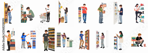 Diverse collection of flat illustrations featuring young adults shopping and restocking shelves in a modern supermarket or grocery store environment.
