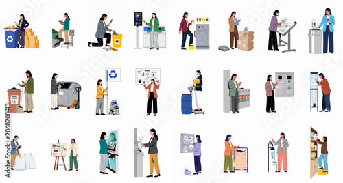 Comprehensive collection of flat vector illustrations featuring professional women conducting environmental audits, waste management tasks, and sustainable industrial recycling practices.