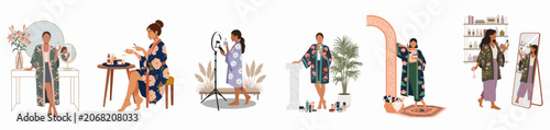 Collection of Diverse Women in Floral Robes Practicing Beauty and Skincare Routines in Various Stylish Interior Settings