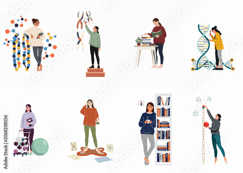 Illustrations of women scientists exploring genetics, molecular structures, and DNA research across diverse academic and professional settings in a flat character style.