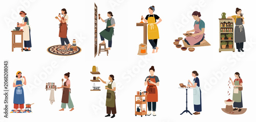Set of flat vector illustrations featuring women preparing and working with various spices and herbs in different kitchen and workshop settings.