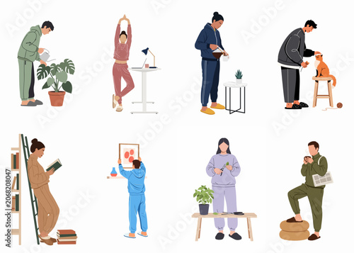 Set of flat illustrations showing diverse people enjoying various cozy home activities including reading, gardening, stretching, and spending time with pets.