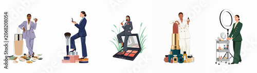 Diverse professional women in elegant suits posing with giant makeup, skincare, and beauty products in a modern, stylized vector illustration set.